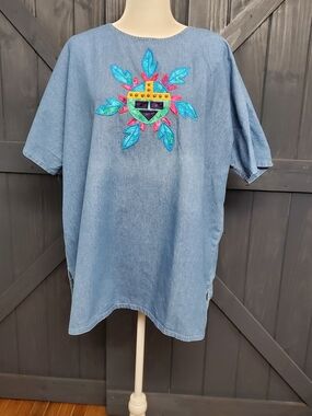 Denim Embroidered Short-Sleeve Blouse - Blue